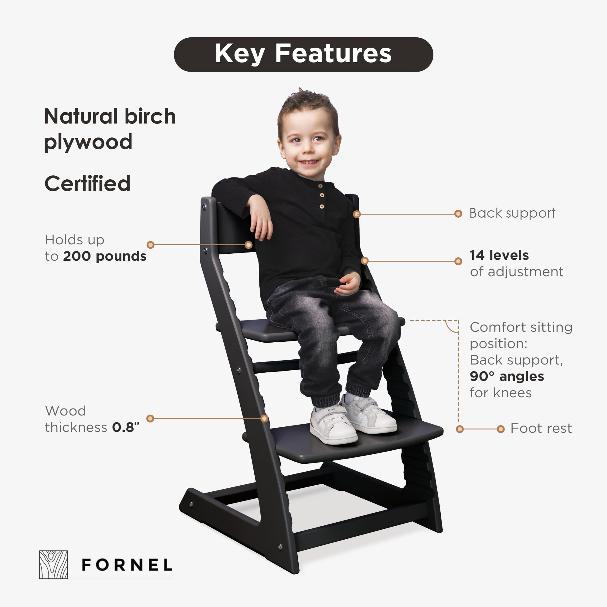 Fornel Modern Black High Chair footrest demonstrates ergonomic height and posture support