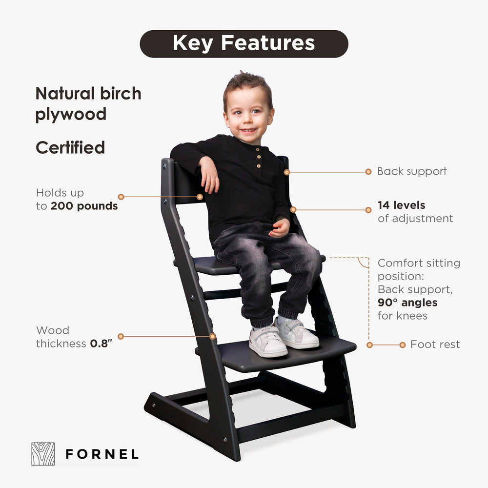 Fornel Modern Black High Chair footrest demonstrates ergonomic height and posture support