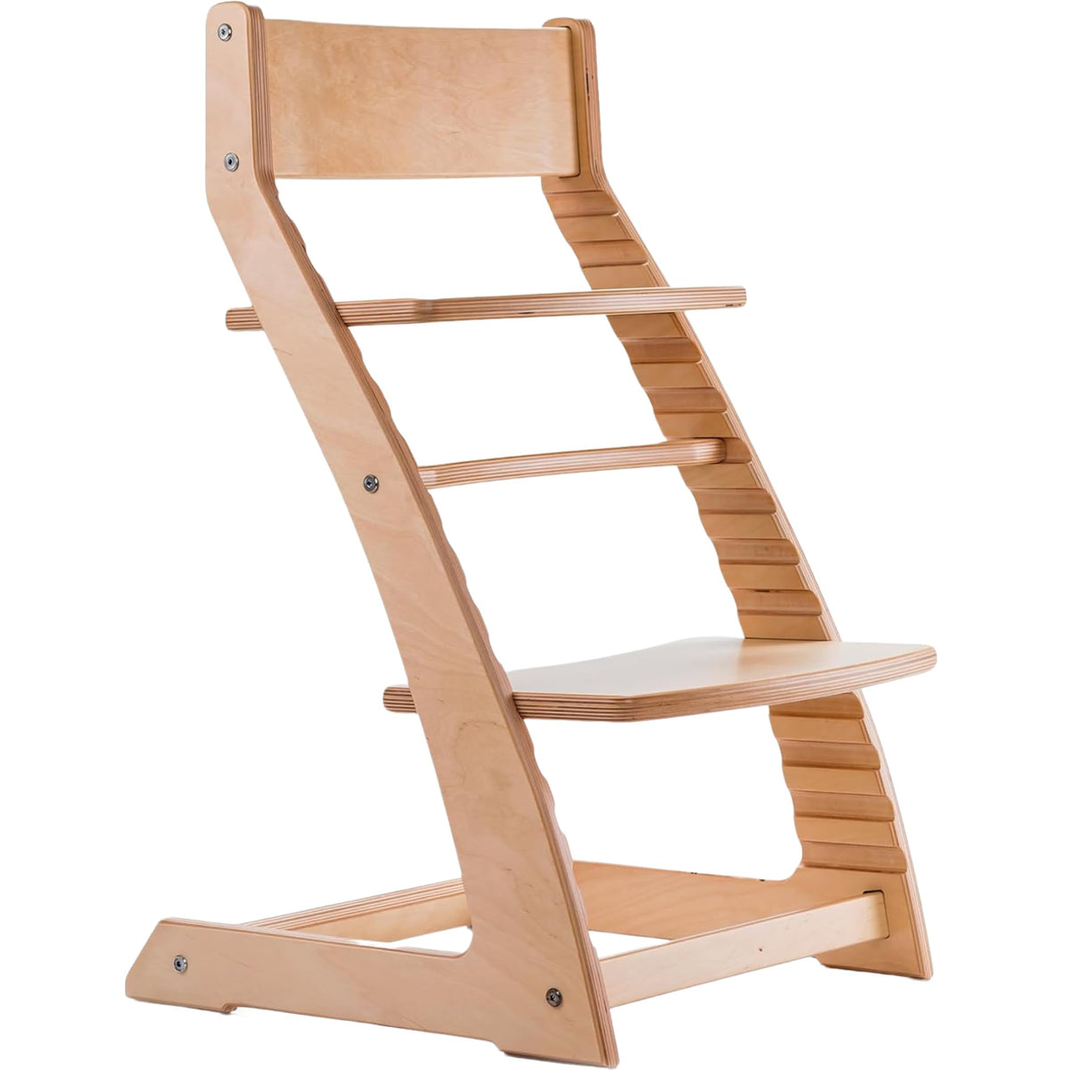 Fornel Scandinavian high chair front view, ready for family table dining.