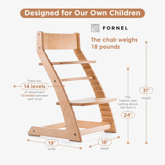 Fornel Scandinavian high chair side profile showing compact footprint.