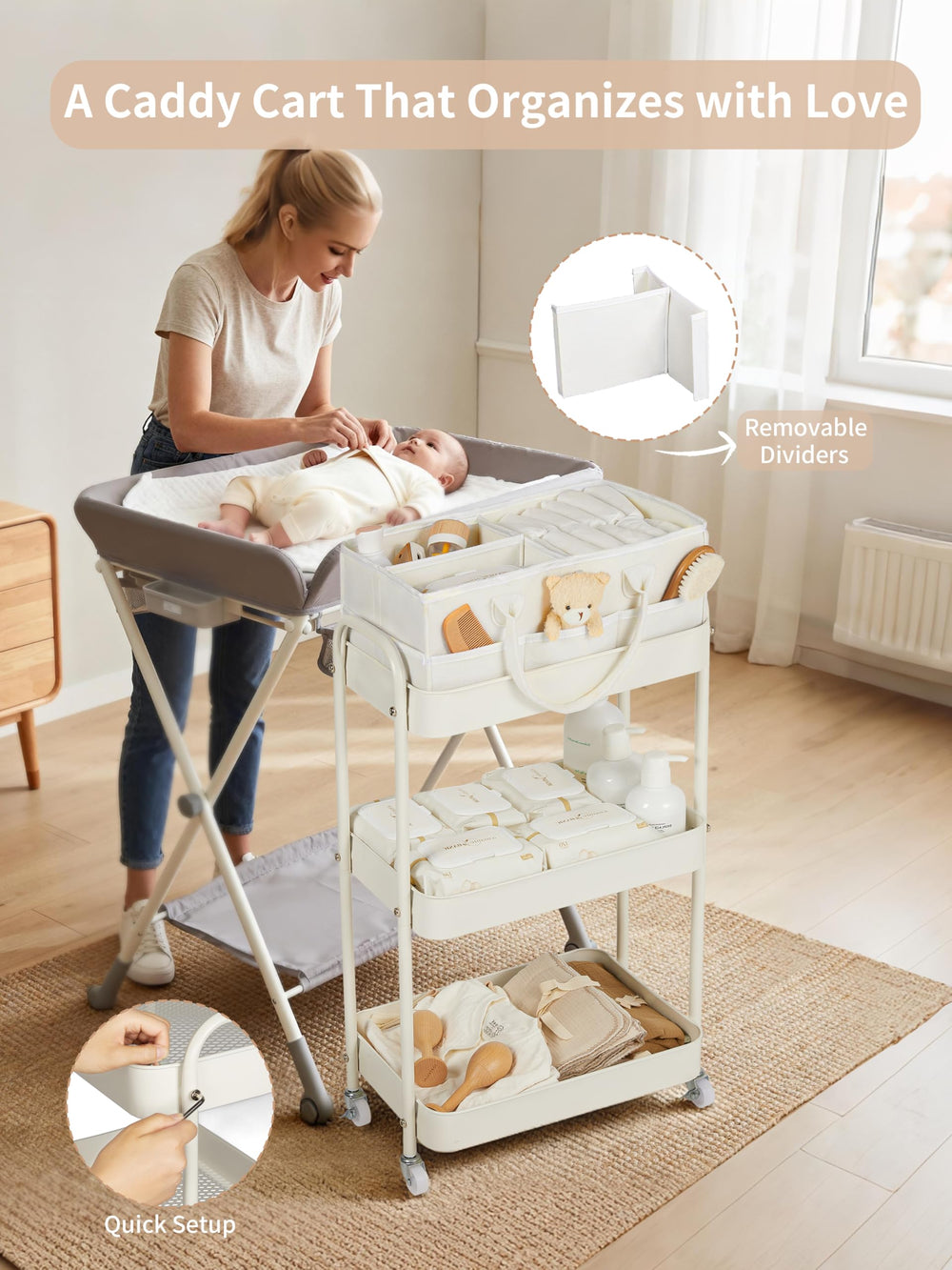 Fortella 360-degree swivel wheels enable easy maneuvering around a nursery.