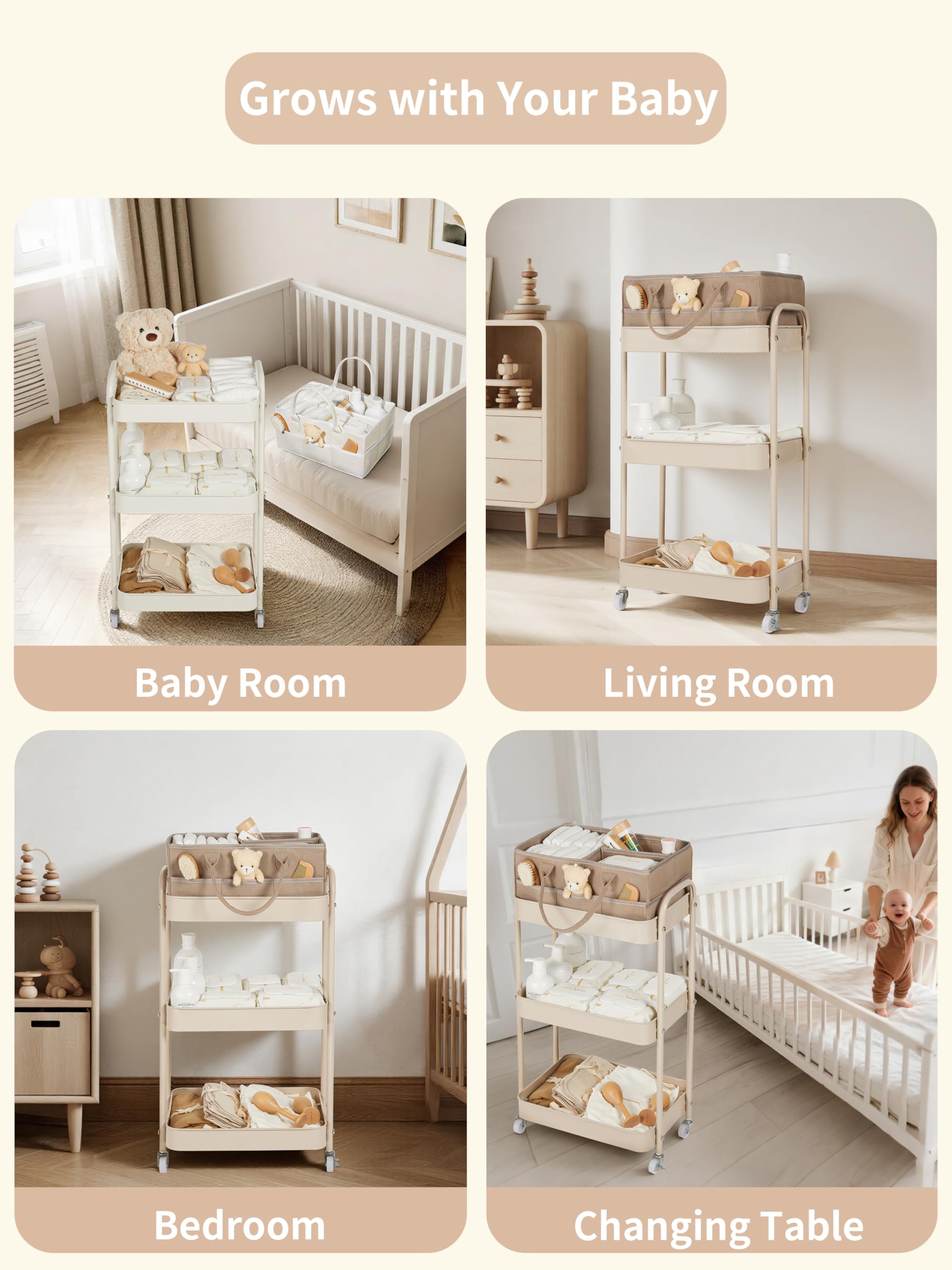 Fortella Baby Diaper Caddy taupe finish complements modern nurseries.