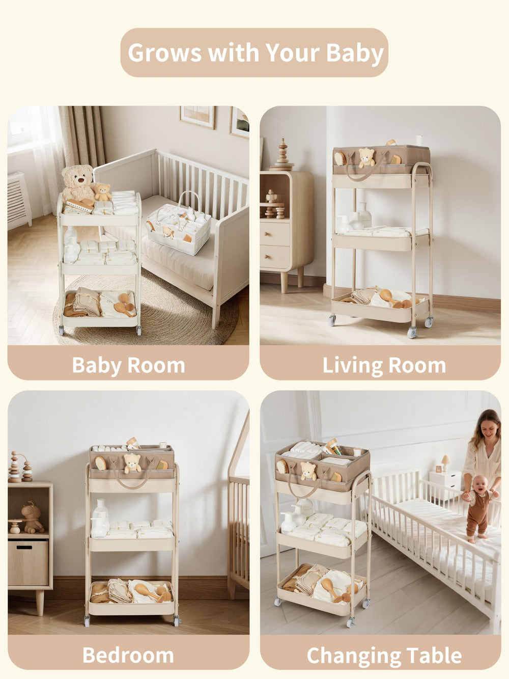Fortella Baby Diaper Caddy taupe finish complements modern nurseries.