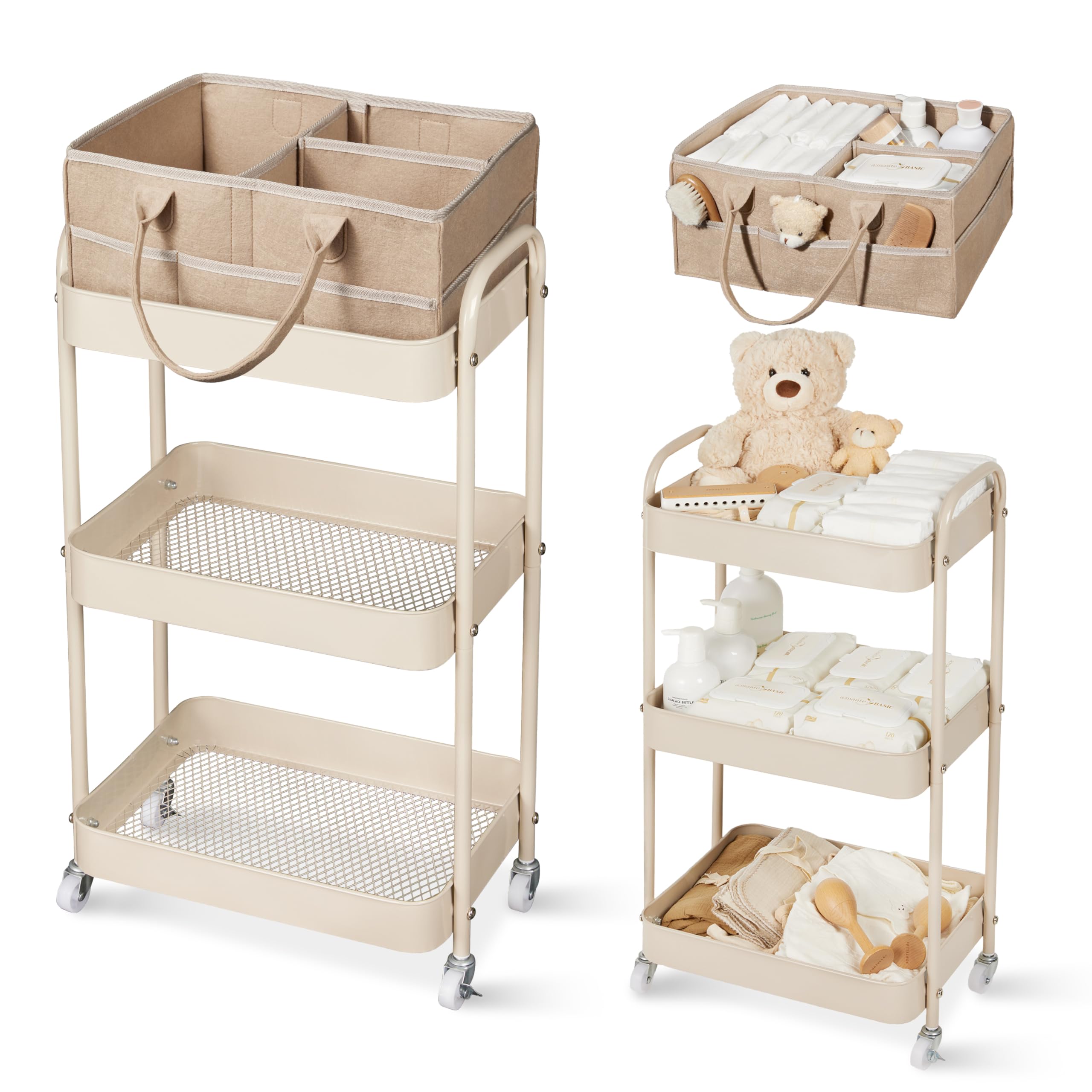 Fortella Baby Diaper Caddy three-tier rolling cart for organized nursery storage of diapers and bottles.
