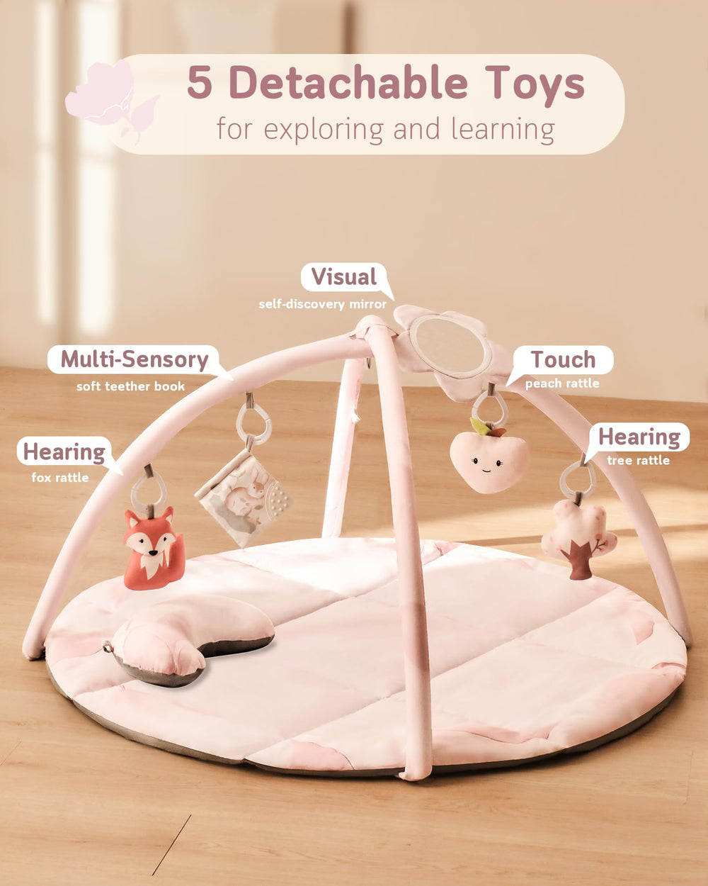 Fortella Elephant rattle toy on Play Gym encouraging cause-and-effect play