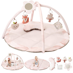 Fortella Baby Play Gym rose pink setup on plush 38x38 inch mat for tummy time