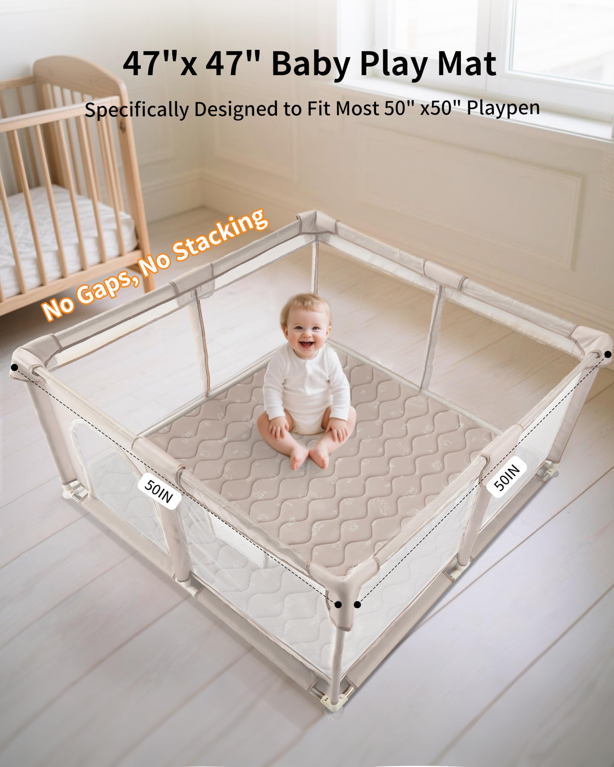 Fortella play mat baby crawling on forest taupe surface.