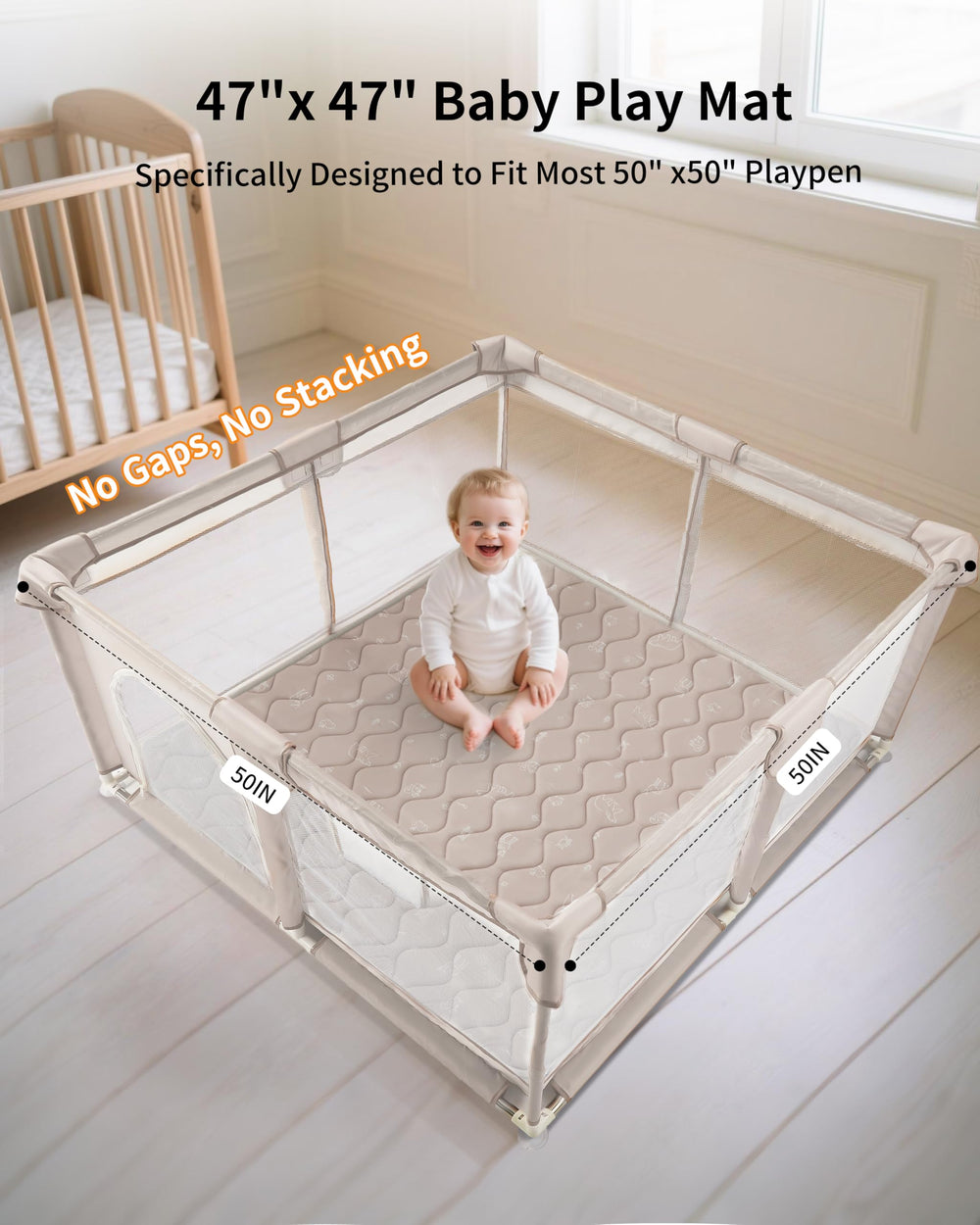 Fortella play mat baby crawling on forest taupe surface.