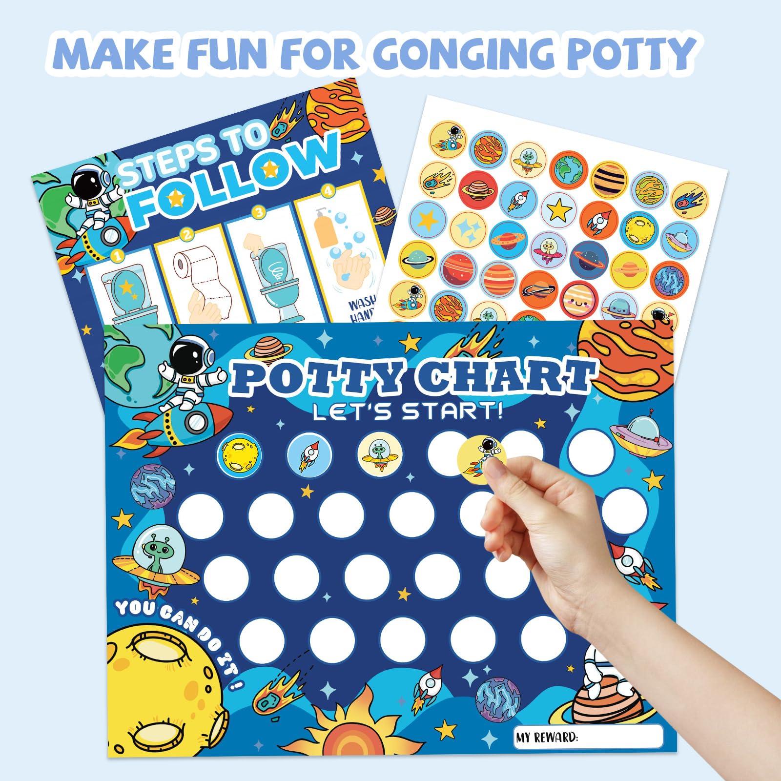 Fortunalux potty-chart posters and stickers in view; progress tracking motivates toddlers.