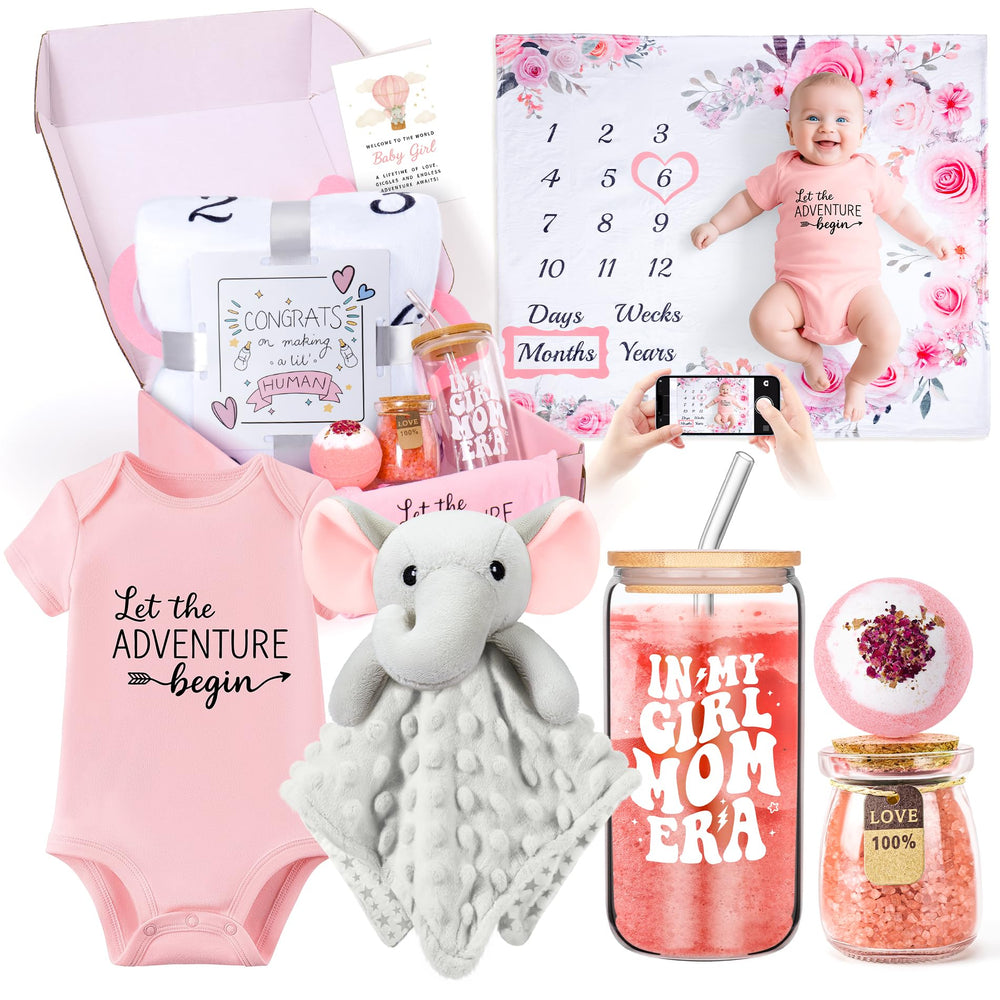 Fortuning's JDS new mom gifts basket with milestone blanket, ideal for pregnancy milestone photos.