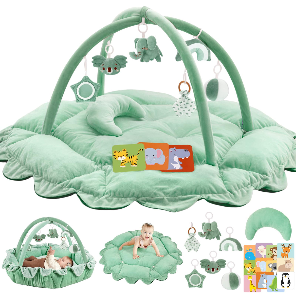 Foryoomi 5-in-1 play gym in sage green supports tummy time exploration