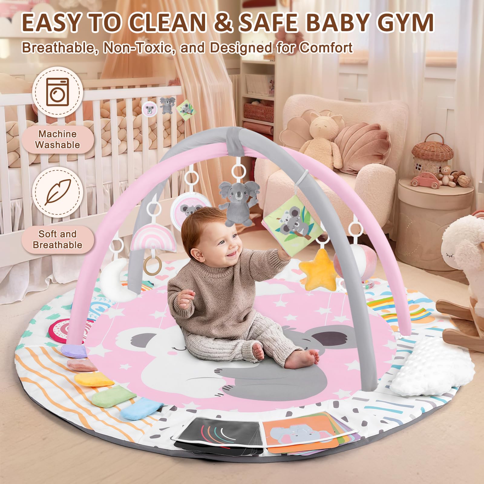 Foryoomi Baby Play Gym Koala Pink machine-washable surface for easy cleaning