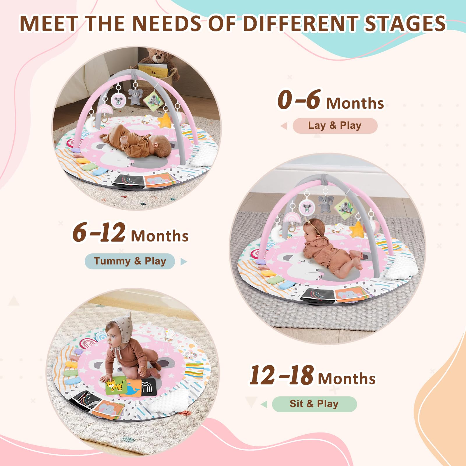Foryoomi Baby Play Gym Koala Pink six sensory zones in action