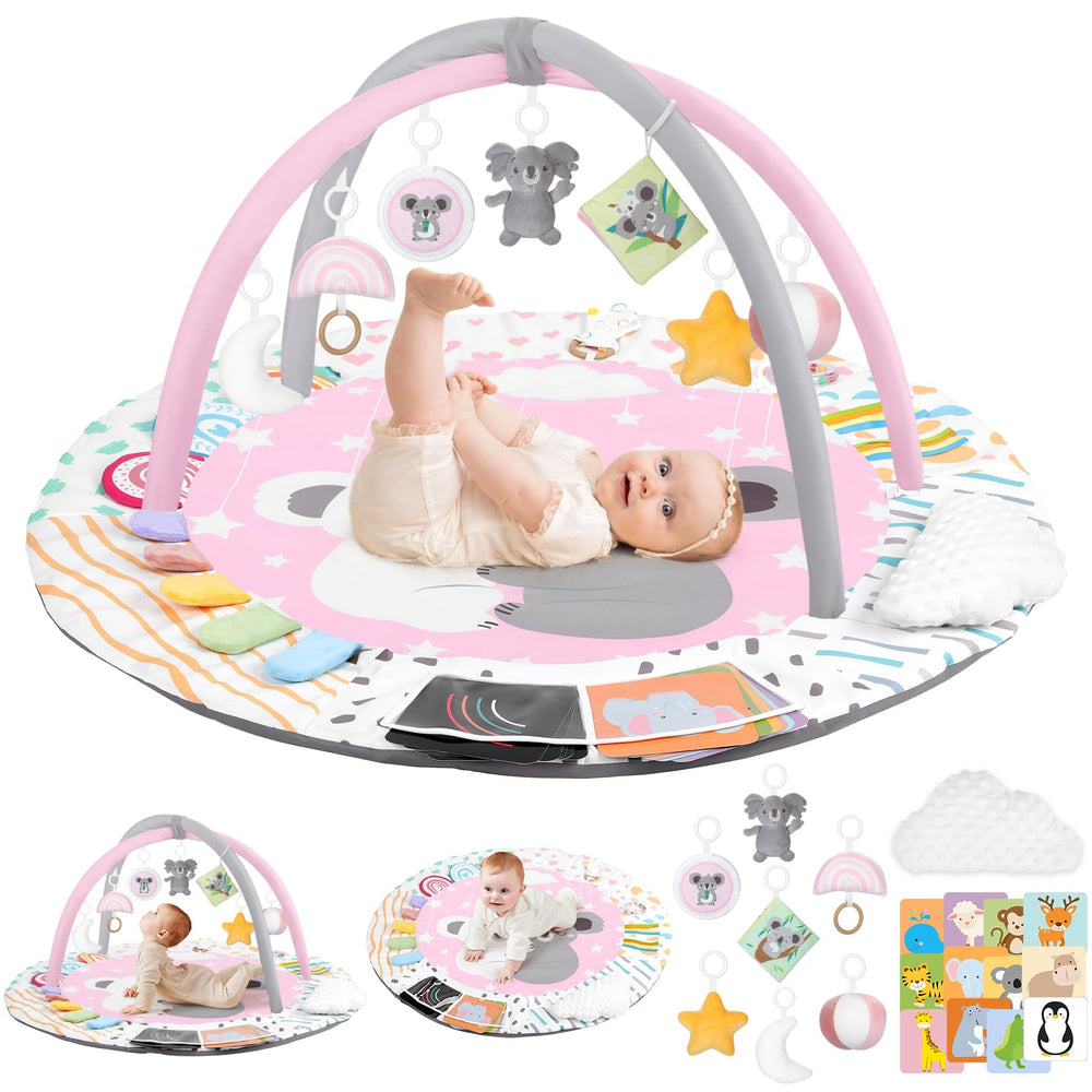 Foryoomi Baby Play Gym Koala Pink wide shot showing multisensory mat for tummy time