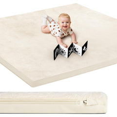 Foryoomi baby play mat reversible vegan leather close-up highlights waterproof, easy-clean surface.