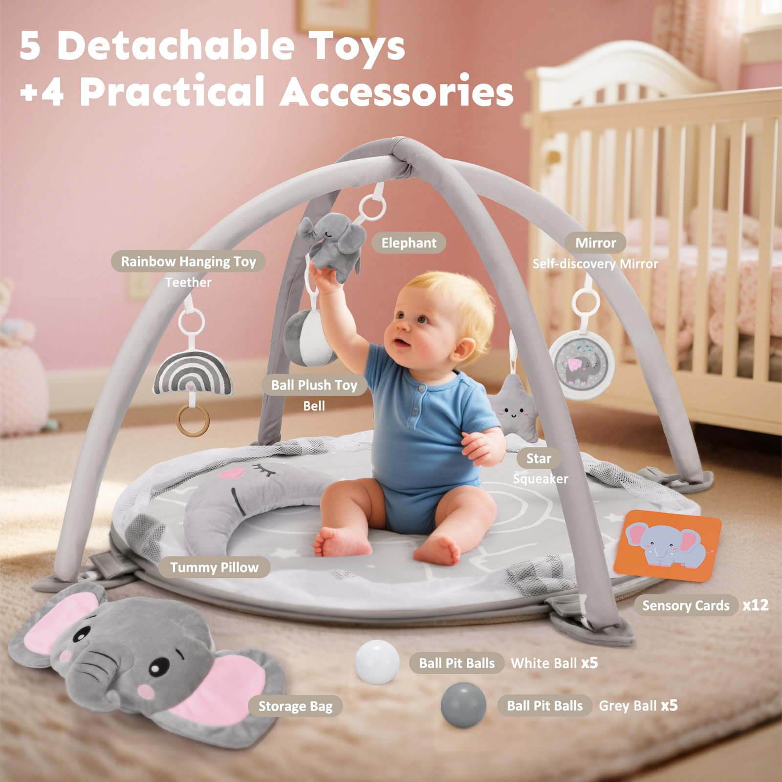 Foryoomi 5 detachable sensory toys promote sight and touch development.