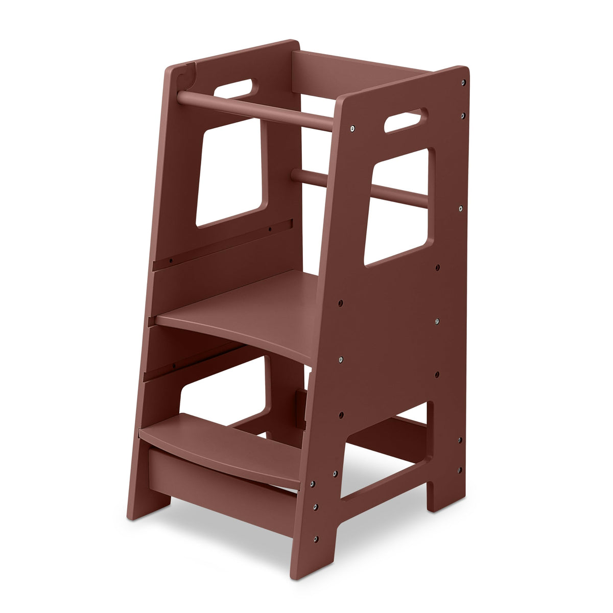 FOSSICS Stool Buddy assembly in mahogany with easy setup using included Allen key.
