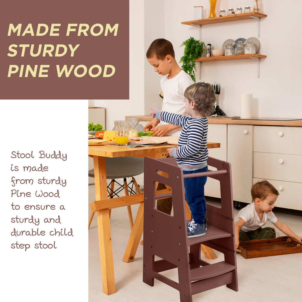 FOSSICS Stool Buddy dimensions 32.5H x 19D x 16.5W in mahogany.