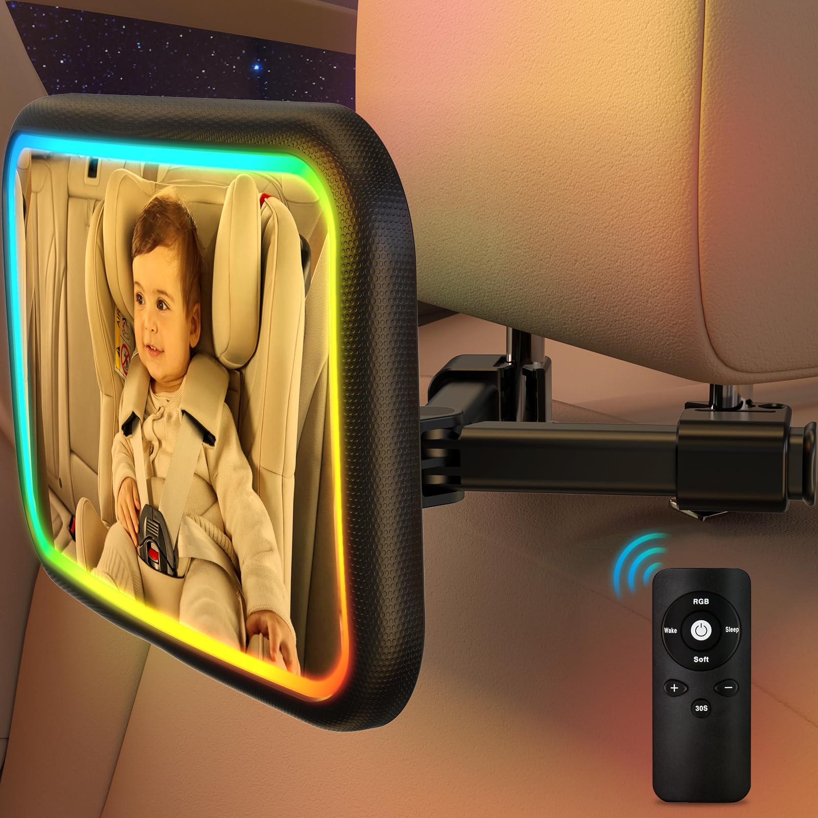 Fosucwin baby car mirror remote control adjusts lighting from inside.