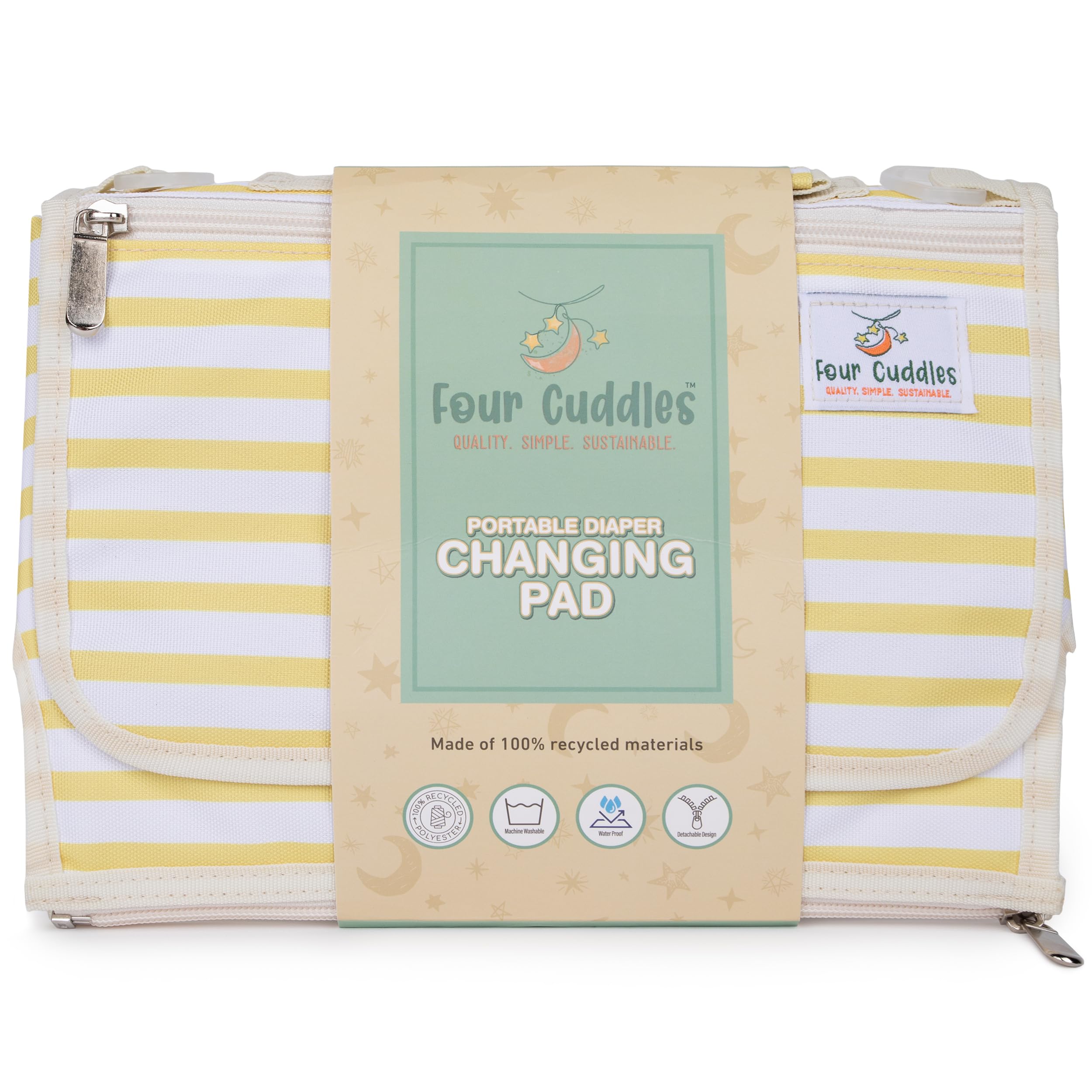 Four Cuddles portable diaper changing pad head-support cushions baby's head during changes.