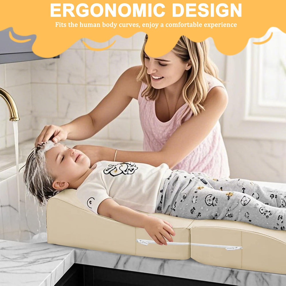 FOUXTEL ergonomic shampoo mat with neck-support supports child during washing