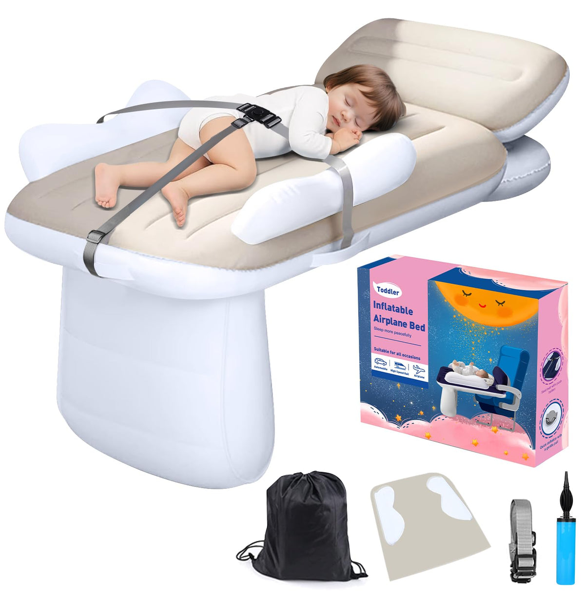 FOVERN1 inflatable toddler airplane bed provides compact resting space for flights.