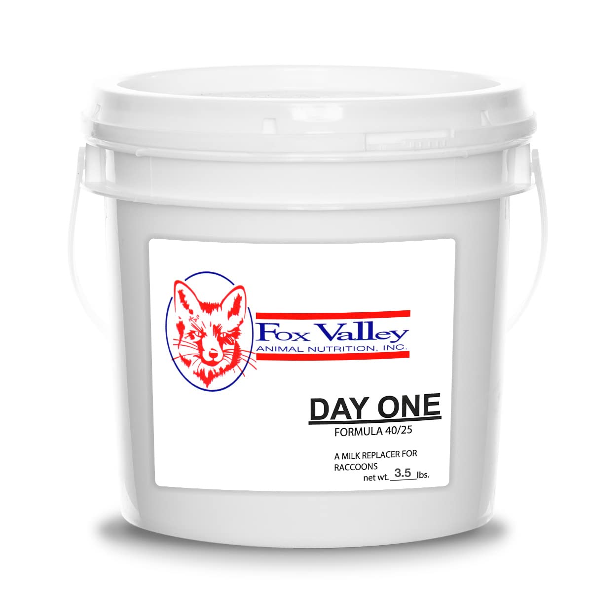 Fox Valley Day-One Formula 40/25 raccoon bottle promotes easy mixing and potential early weight support.