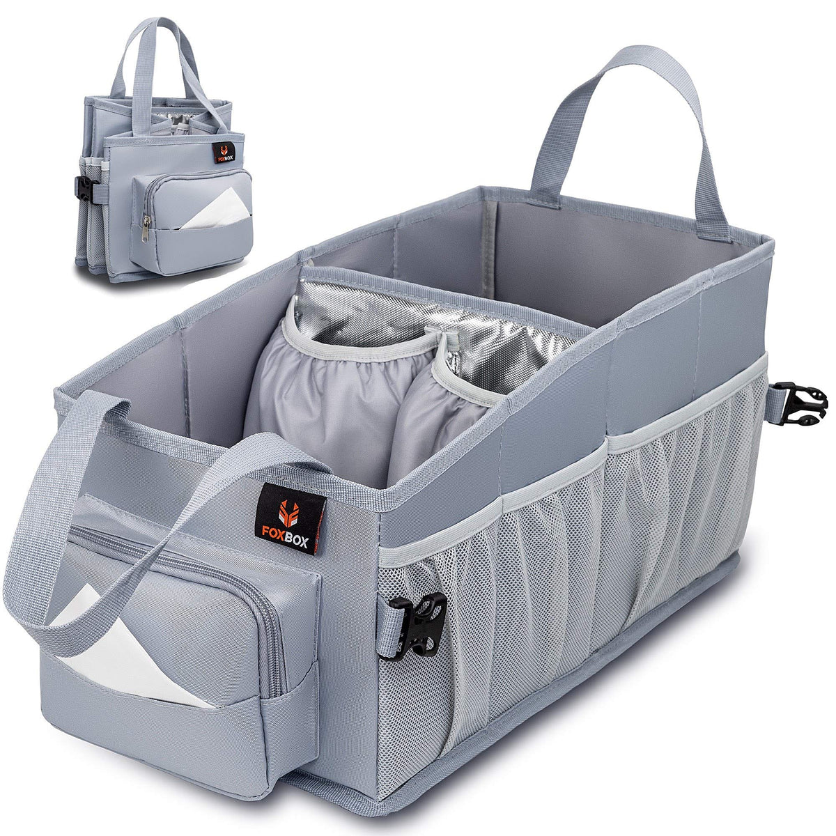 FoxBox easy-to-reach car organizer backseat view keeps toys organized on trips.