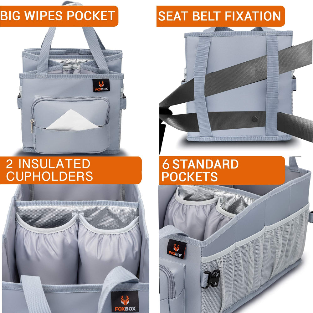 FoxBox easy-to-reach car organizer between-seats with cup holders for drinks.