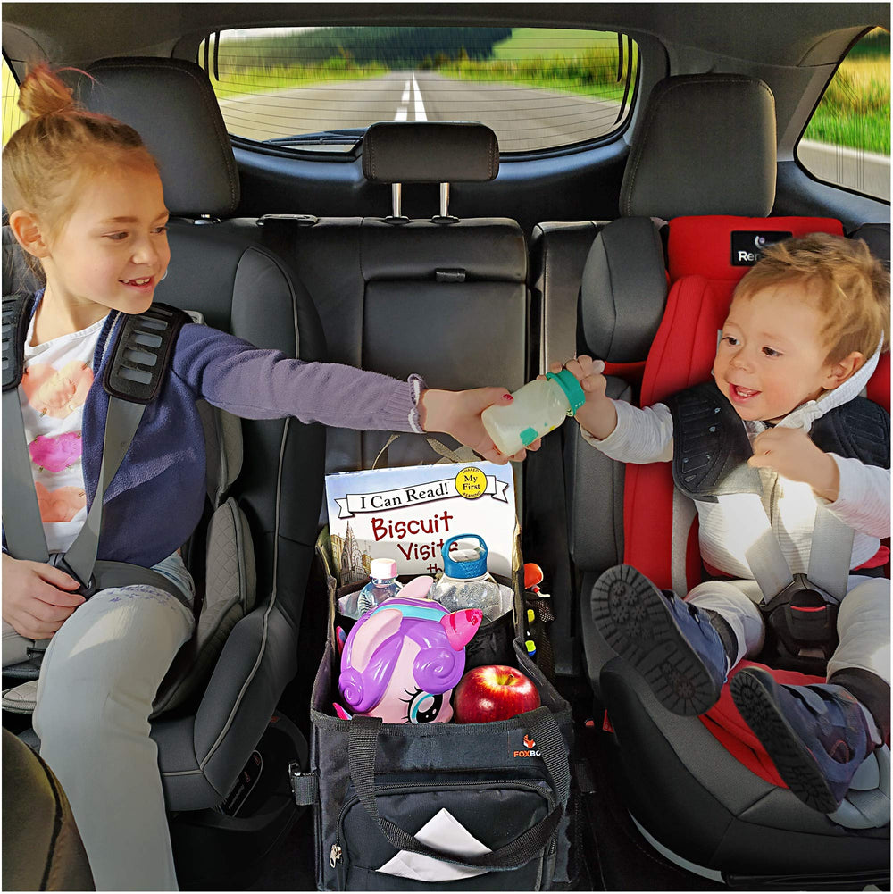 FoxBox easy-to-reach car organizer with insulated cup holders fits bottles.