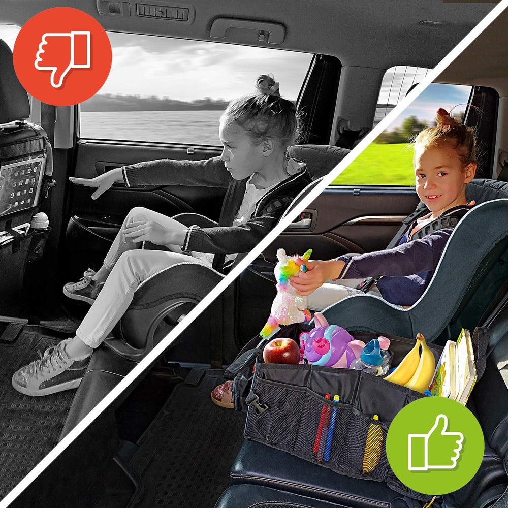 FoxBox easy-to-reach car organizer includes trash bin to keep interior clean.