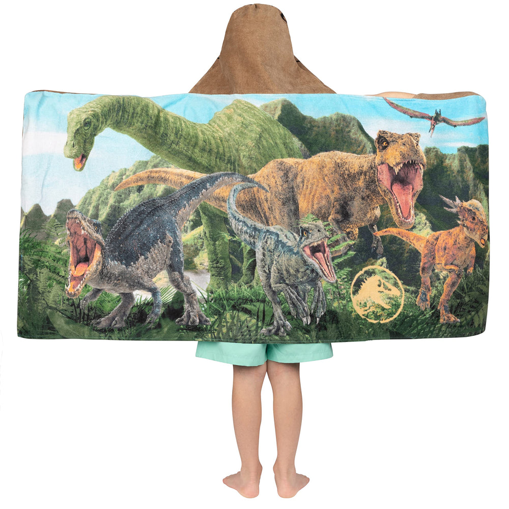 Franco Jurassic World Dominion towel wrap at poolside for quick drying after swim.