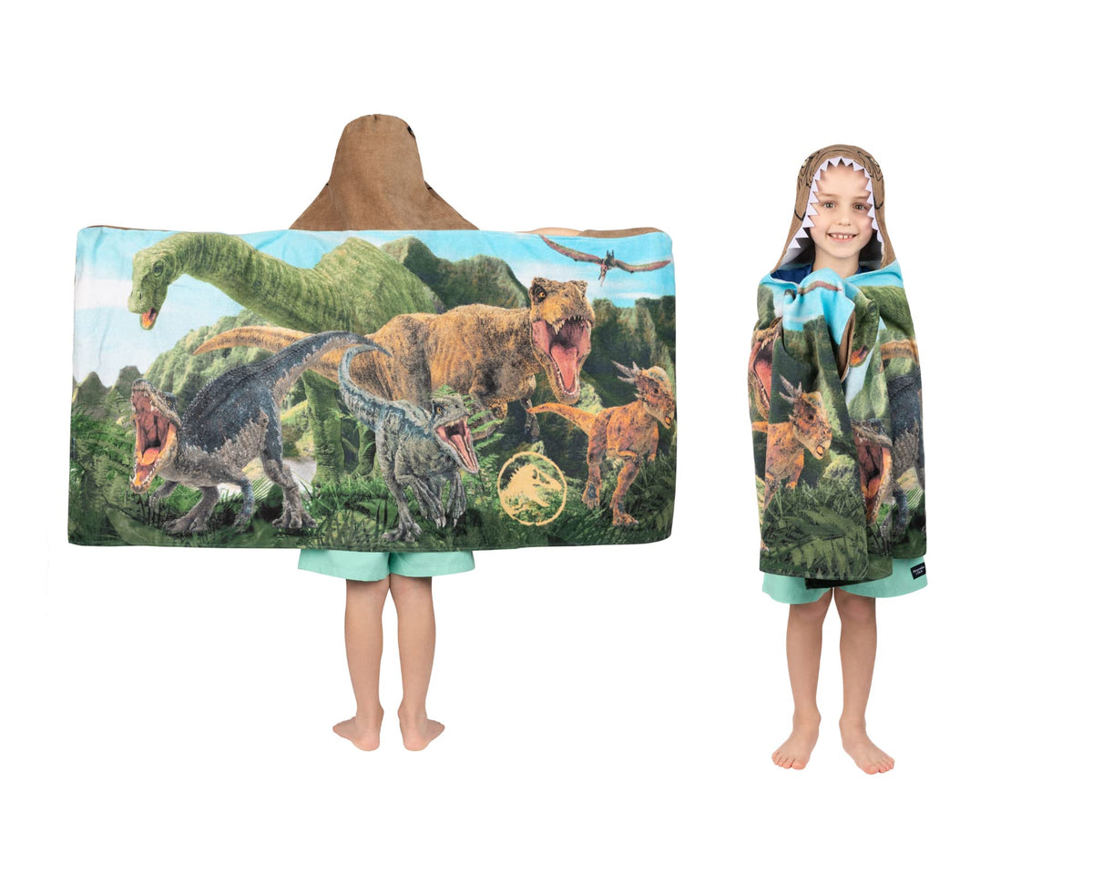 Franco Jurassic World Dominion hooded towel wrap front view for cozy drying.