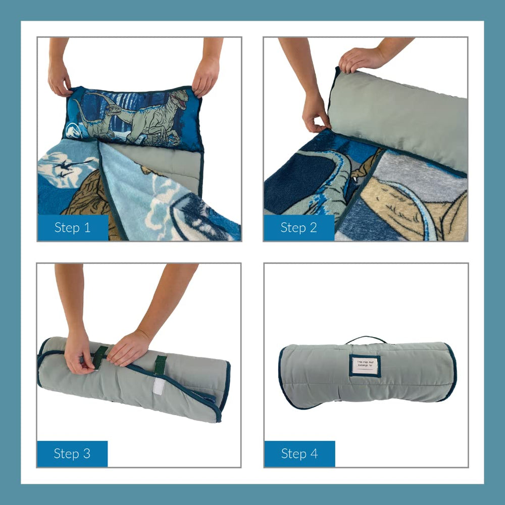 Franco Jurassic World nap mat cozy naptime experience with built-in pillow and blanket.