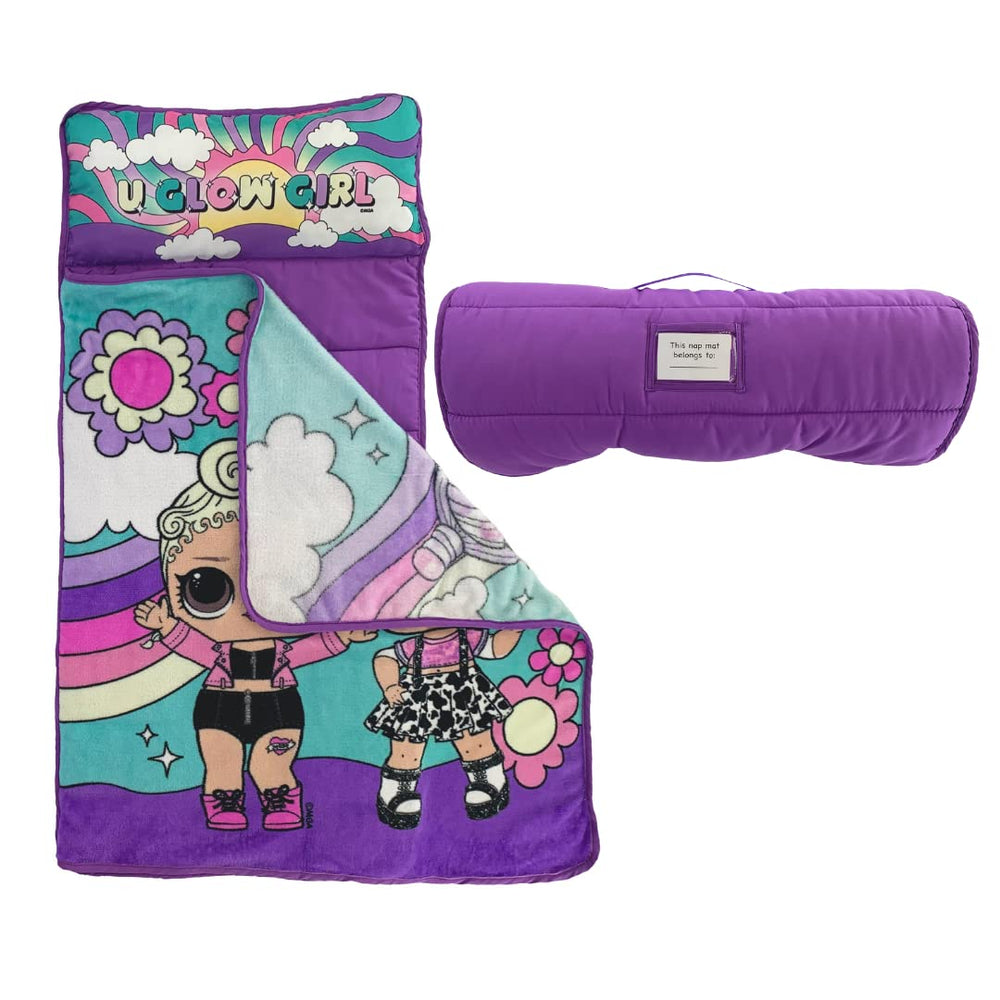 Franco LOL Surprise nap mat fold view shows compact roll-ready design for travel.