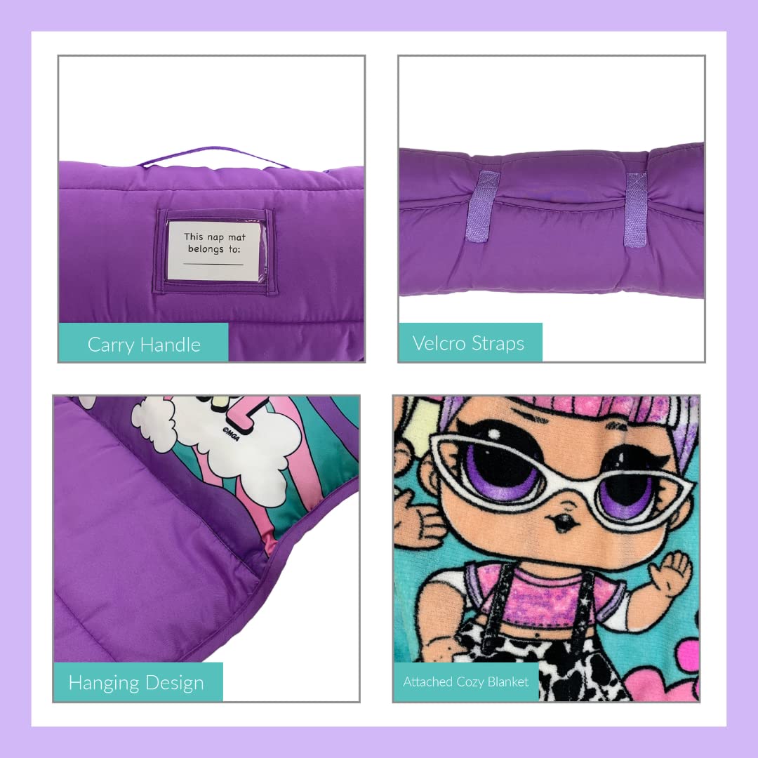 Franco LOL Surprise nap mat on cot demonstrates daycare-friendly size fits standard cots.