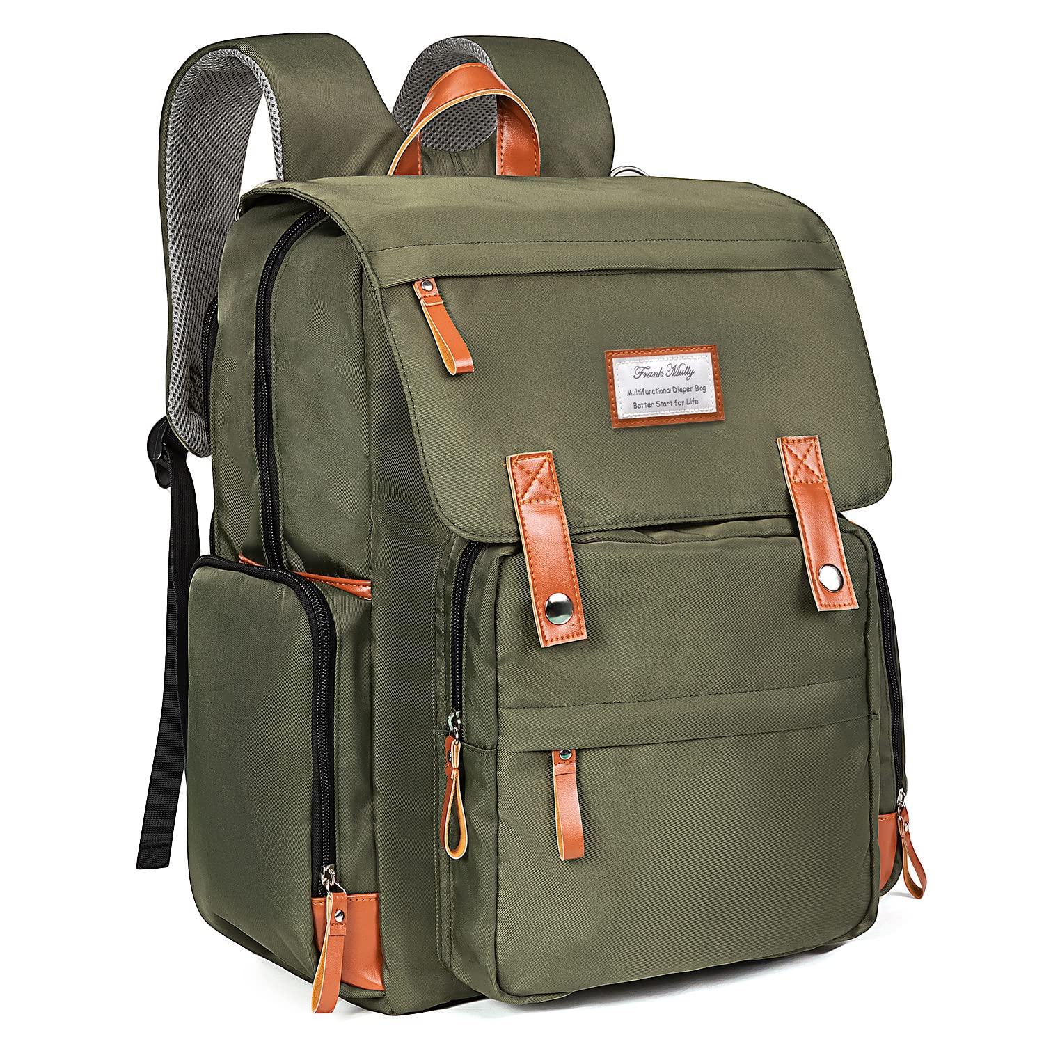 Frank Mully diaper bag army green style complements casual outfits.