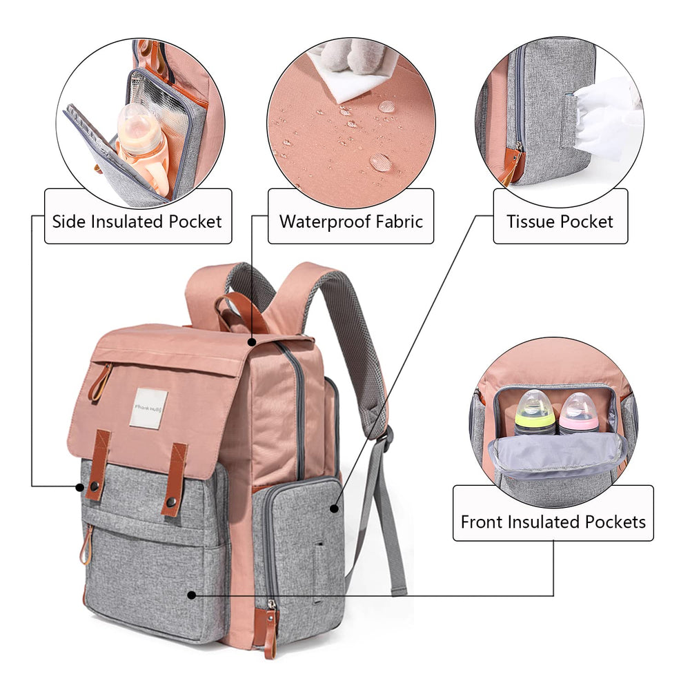 Frank Mully diaper bag backpack with insulated bottle holders keeps bottles warm or cold on the move.