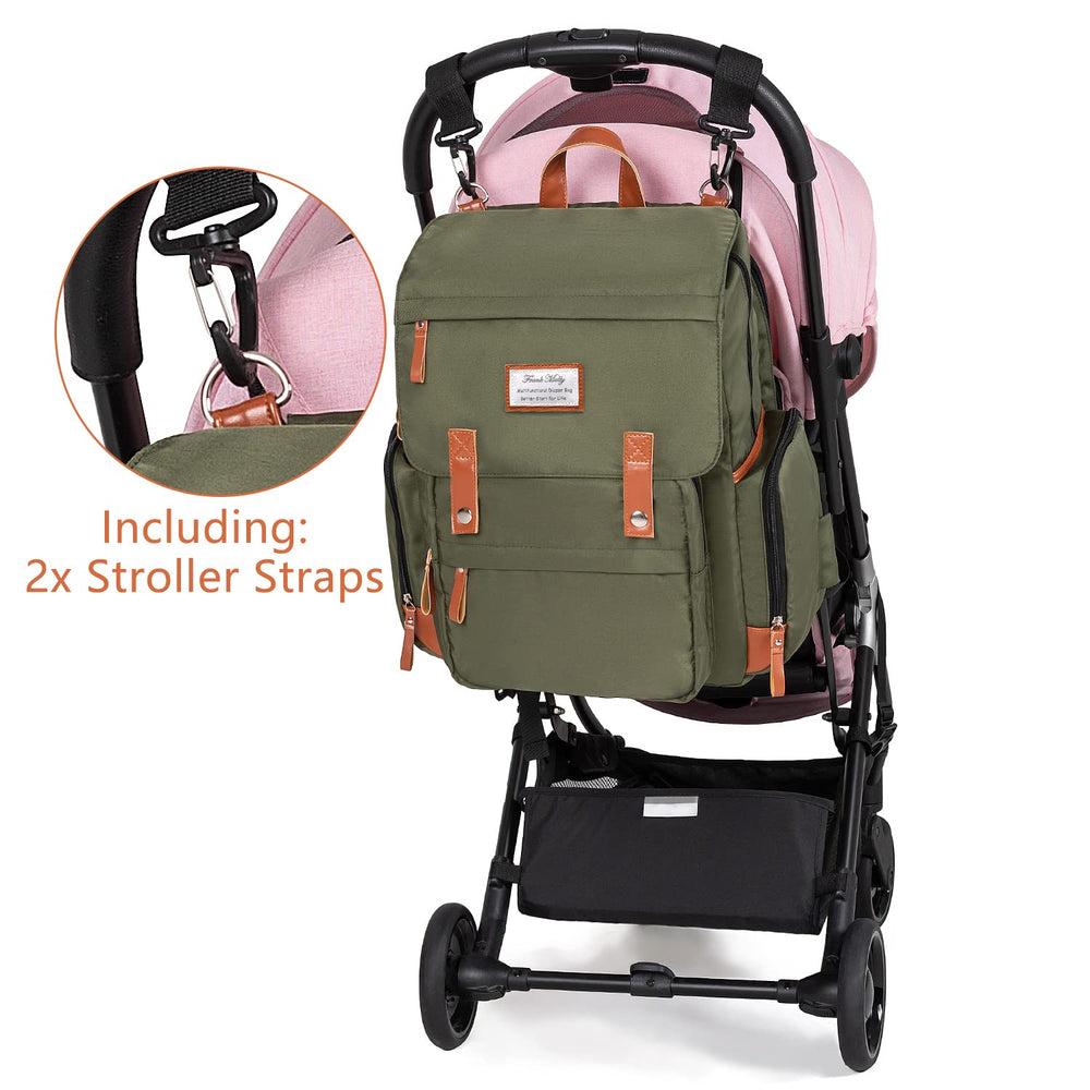 Frank Mully diaper bag mesh pockets help organize essentials for easy reach.