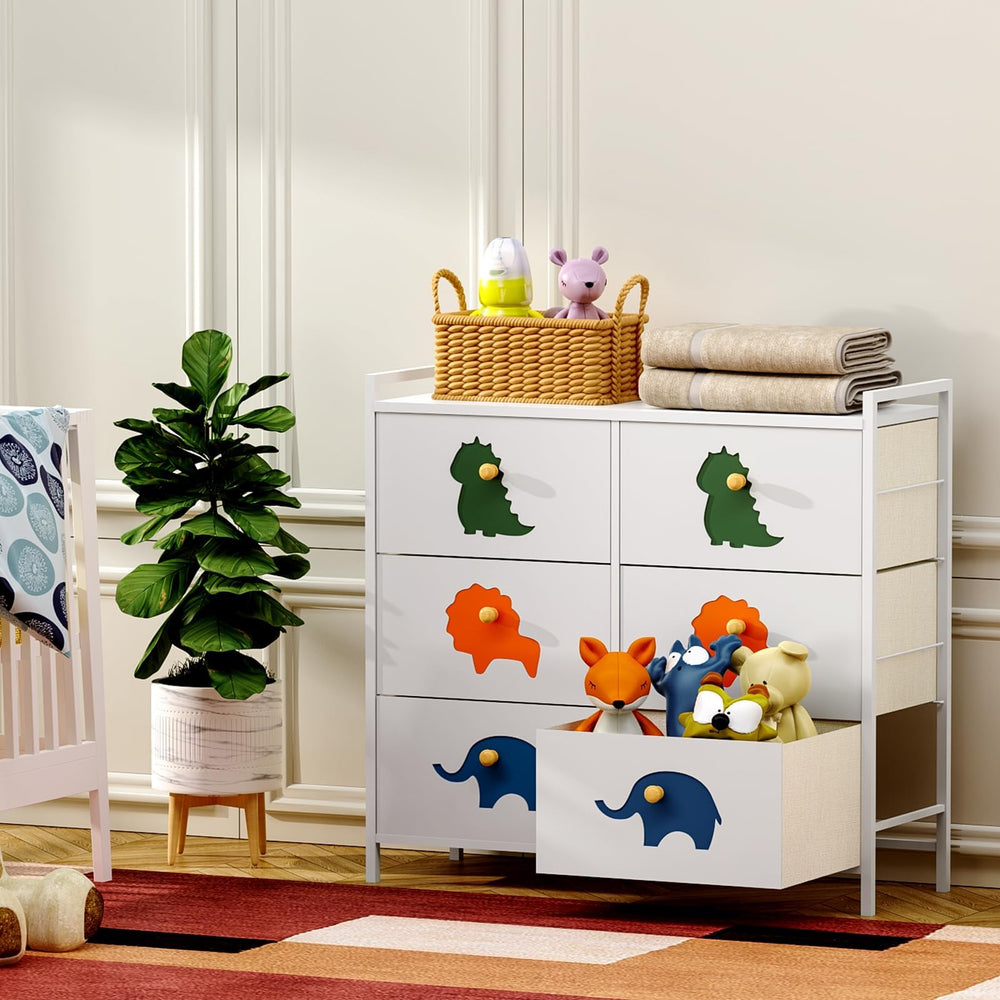 FRAPOW Kids Dresser six-drawers display deep storage for shirts and diapers.