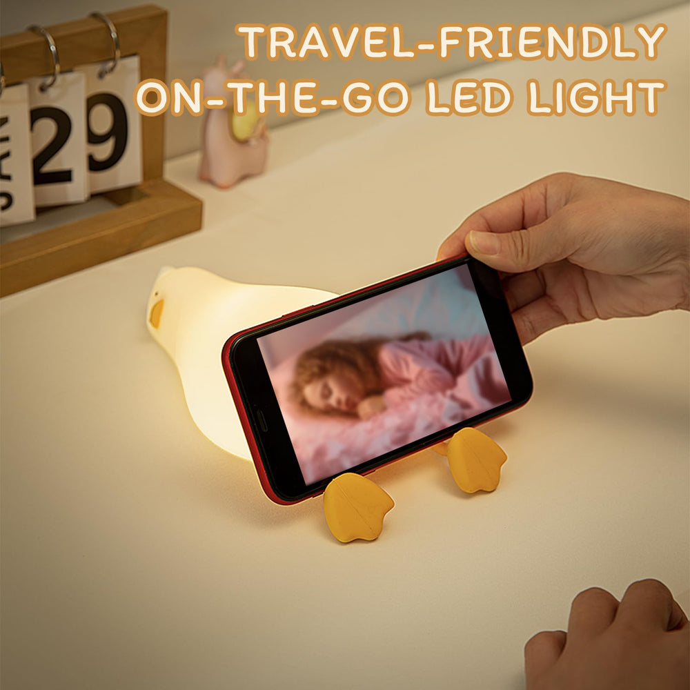 FRDEV squishy duck night light sits in travel bag for calm moments
