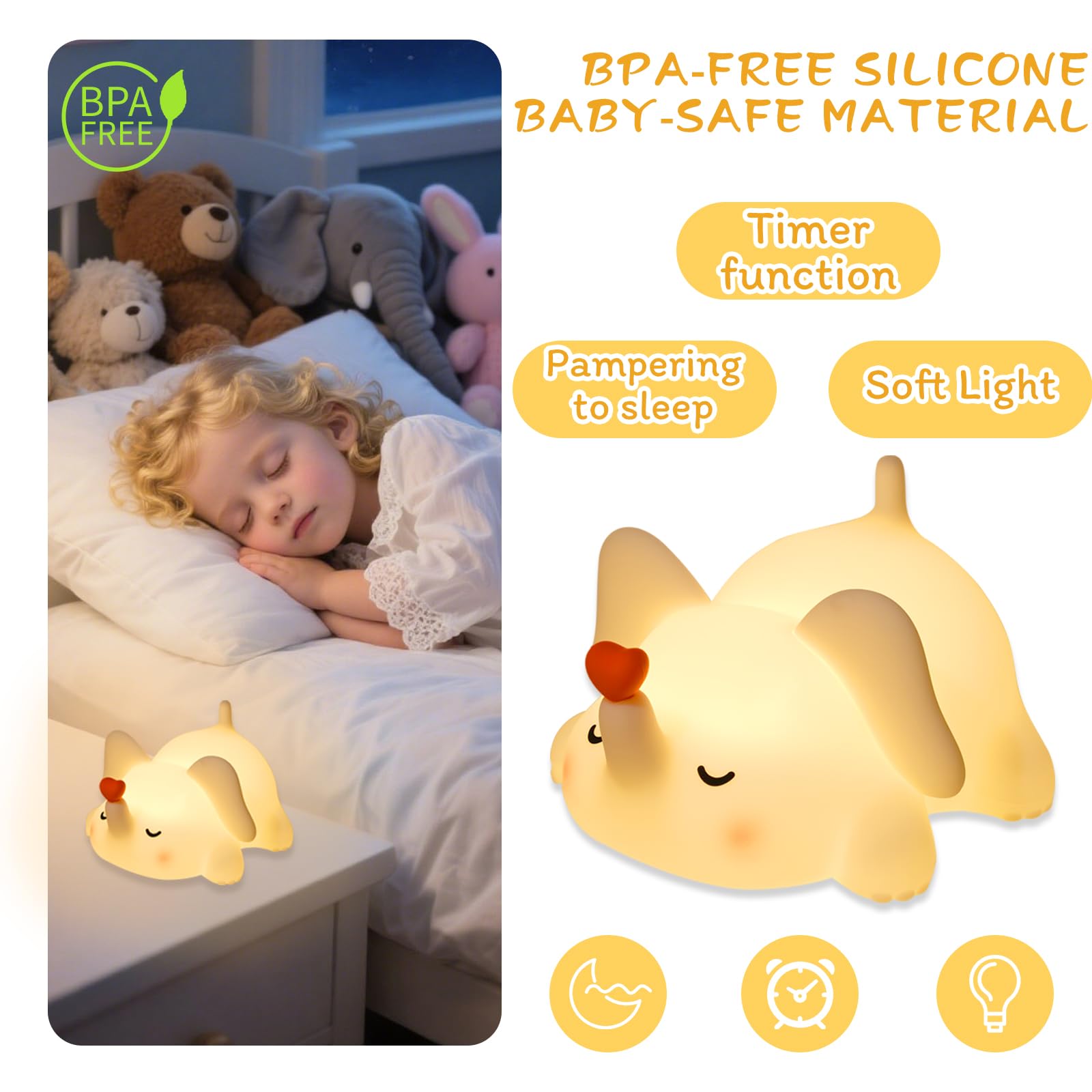 FRDEV Elephant night light is portable and USB rechargeable for travel.