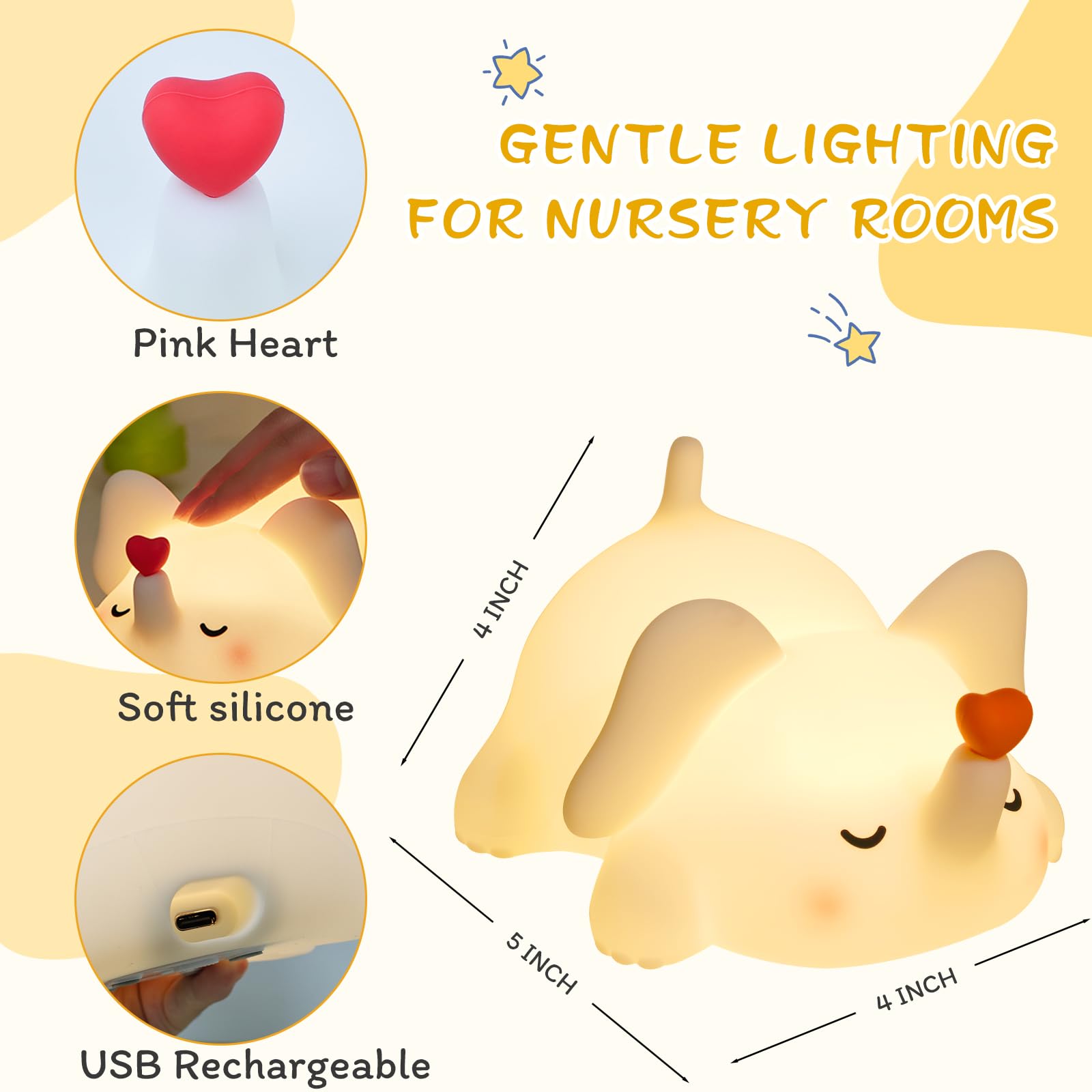 FRDEV silicone elephant lamp with pink heart detail for comforting nursery glow.