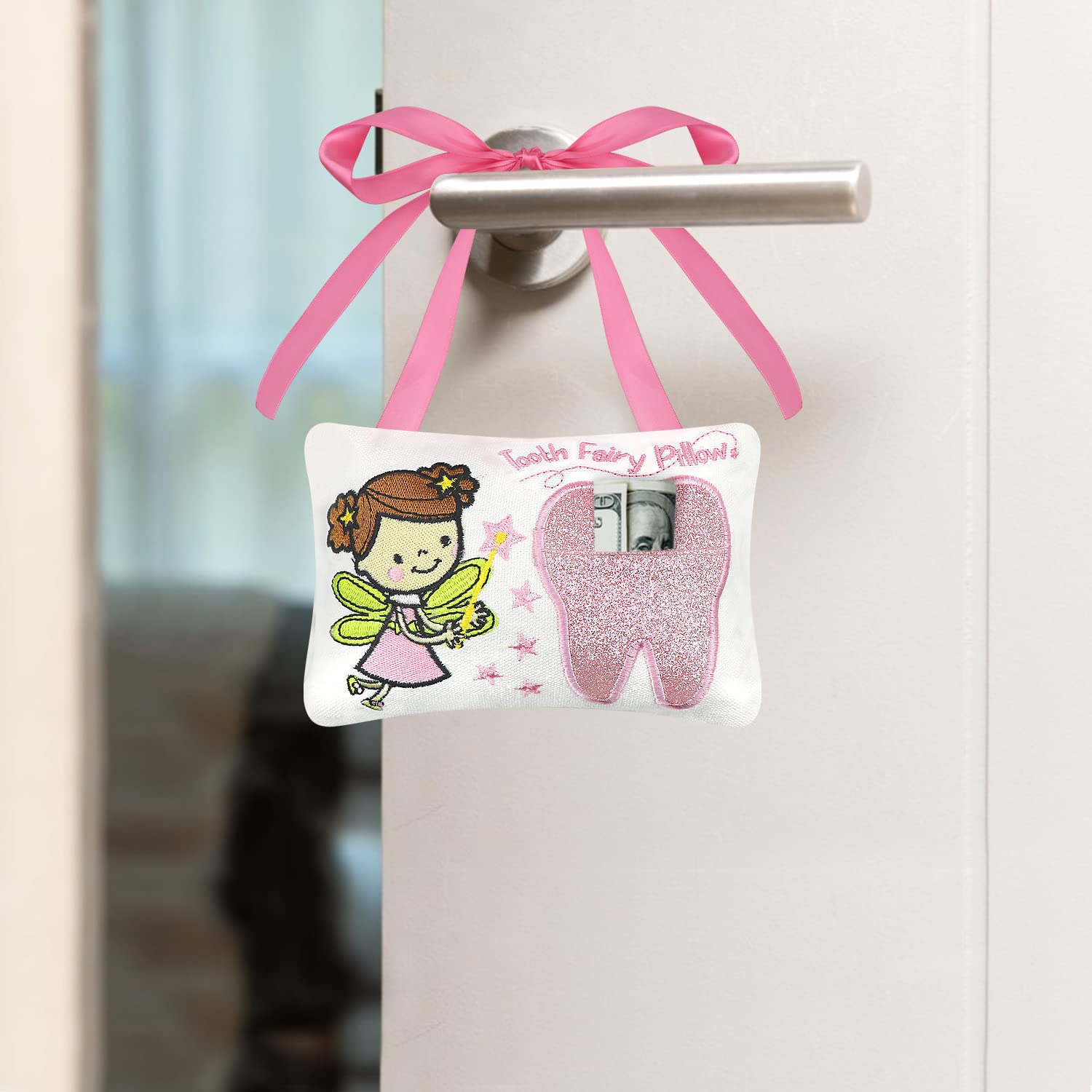 free-space Tooth Fairy Pillow closeup embroidered shows playful cartoon tooth