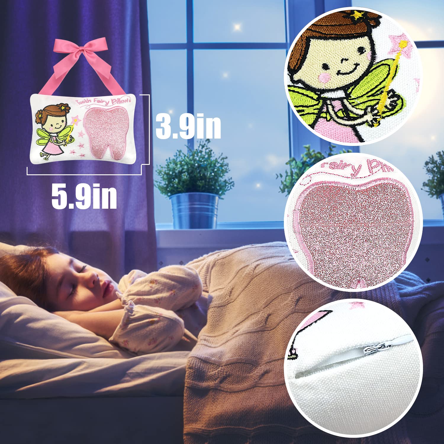 free-space Tooth Fairy Pillow size-6in highlights compact kid-friendly dimensions for cozy bedtime rituals