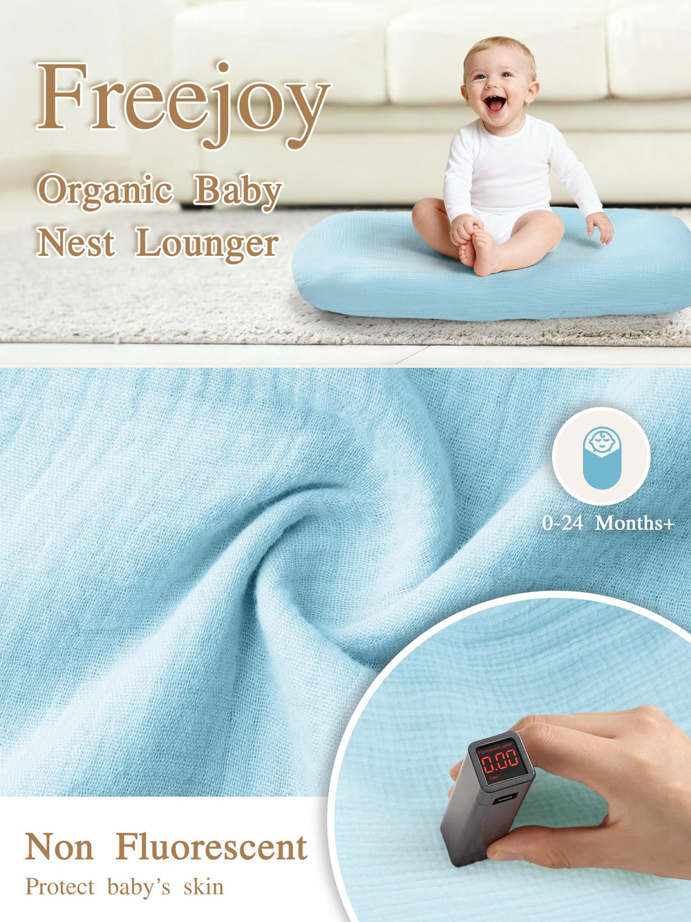 Freejoy baby lounger breathable-cotton shows soft, cool fabric for cozy naps