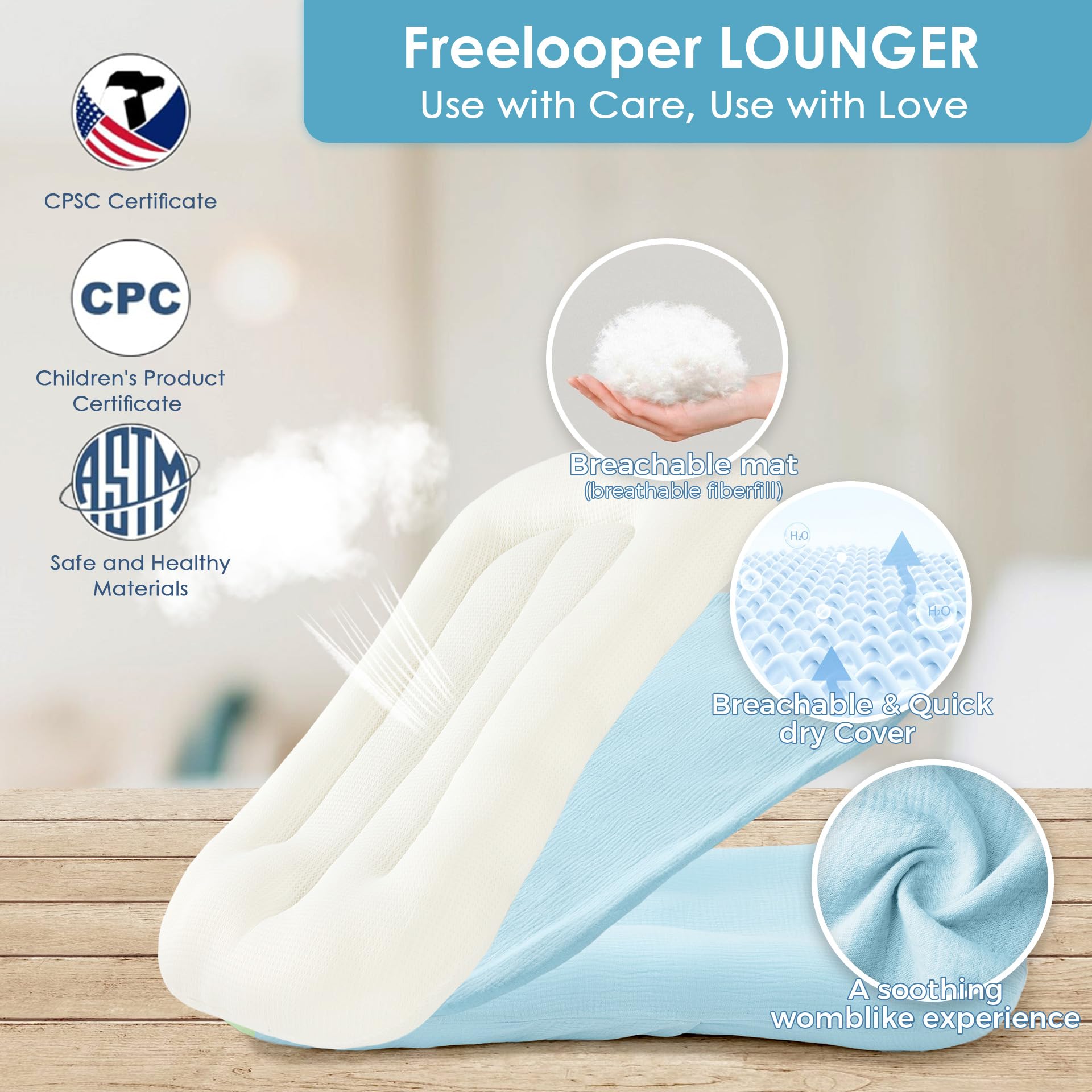 Freelooper Baby Lounger muslin cover promotes airflow and cooling.