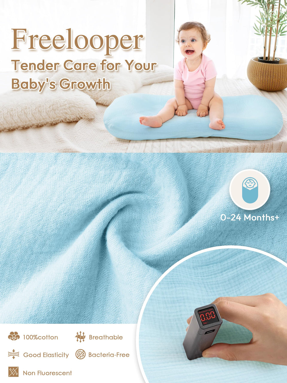 Freelooper Baby Lounger soft bumper illustrates gentle back support.
