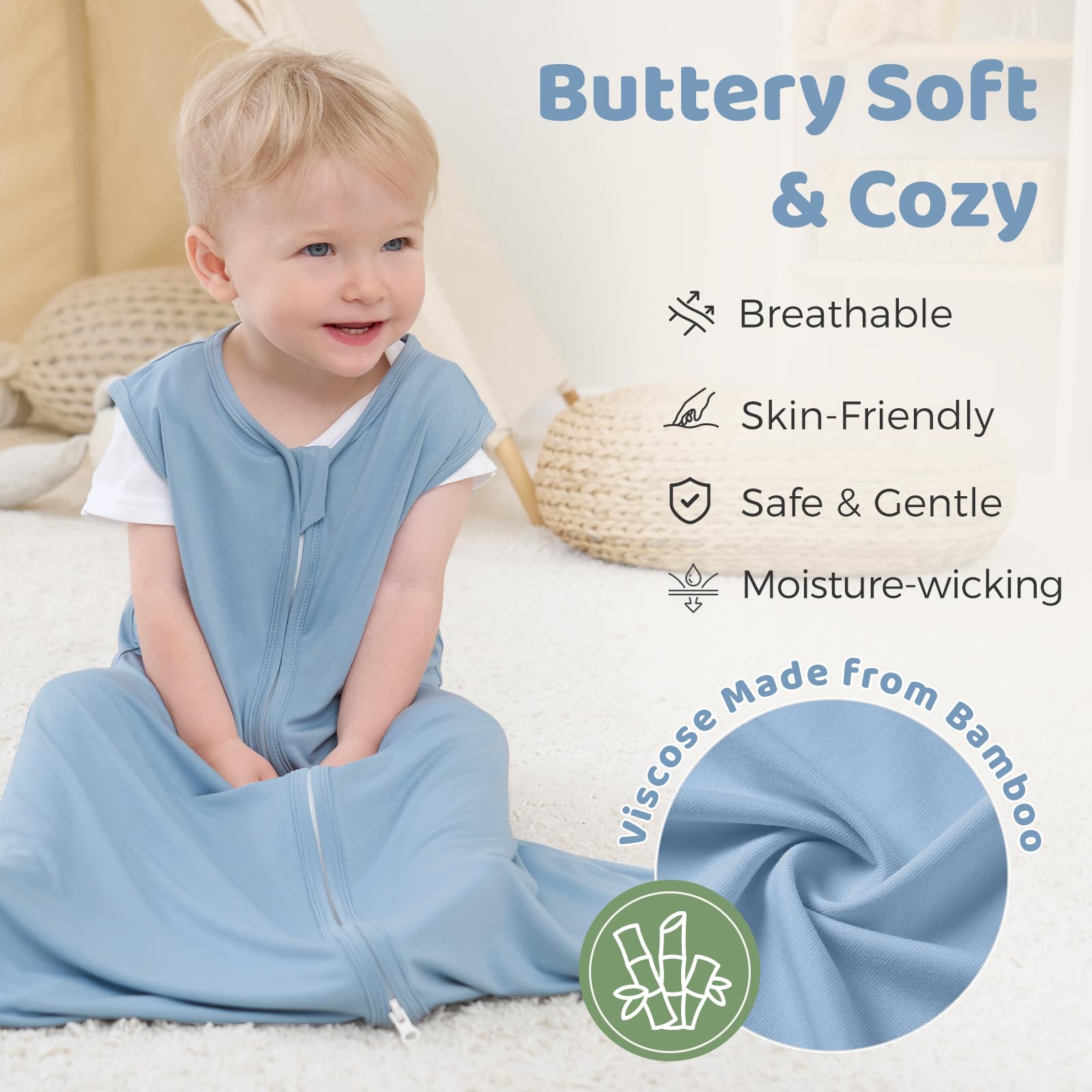 Freelooper sleep sack blue with bamboo viscose and 2-way zipper for easy diaper changes.