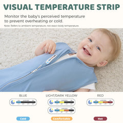Freelooper blue sleep sack features temperature-strip for quick on-skin checks.